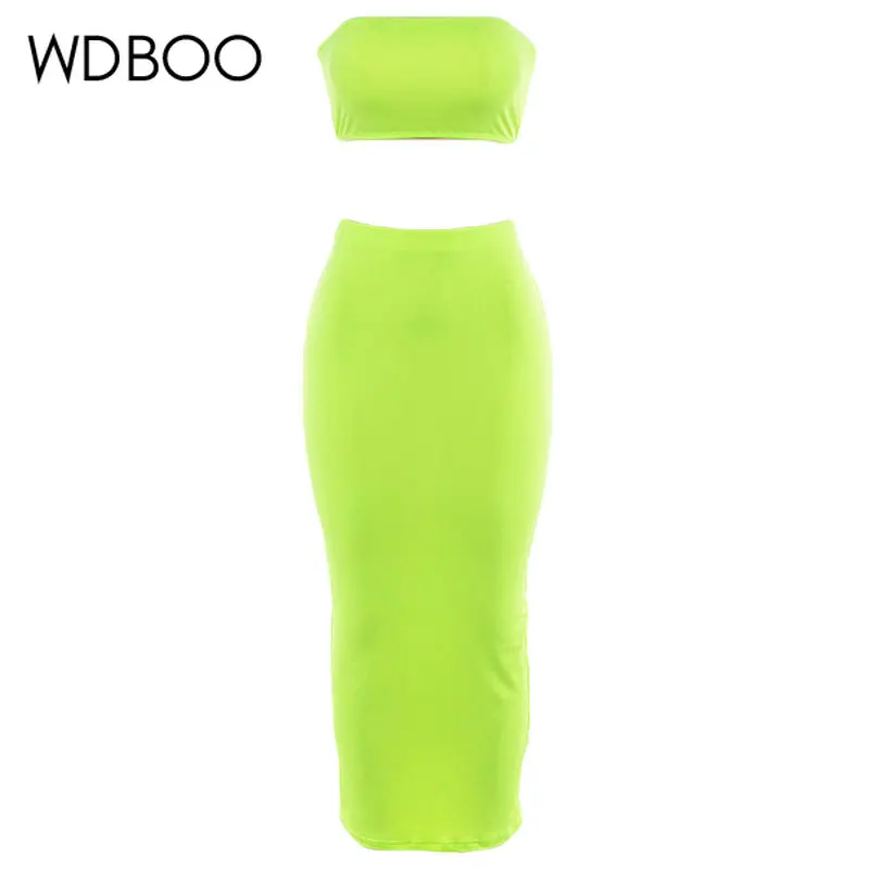 WDBOO Высокая талия наборы юбок-карандашей неоновый зеленый женский сексуальный топ-труба облегающая юбка комплект из двух предметов