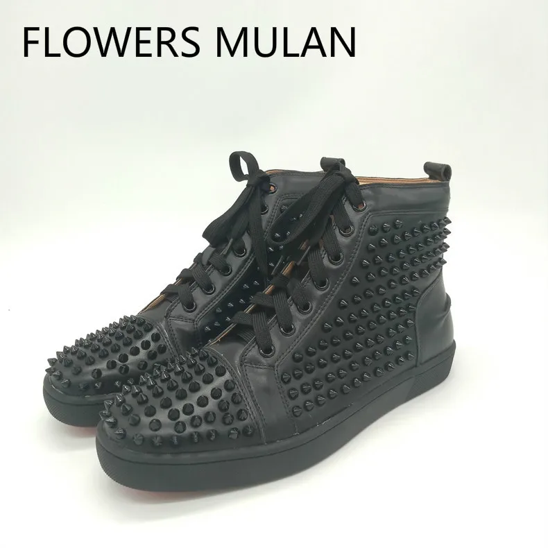

2018 New Winter Famous Brand Men Boots Black Genuine Leather Full With Studded Rivets Upper Male Sneakers Lace Up Trainer Shoes