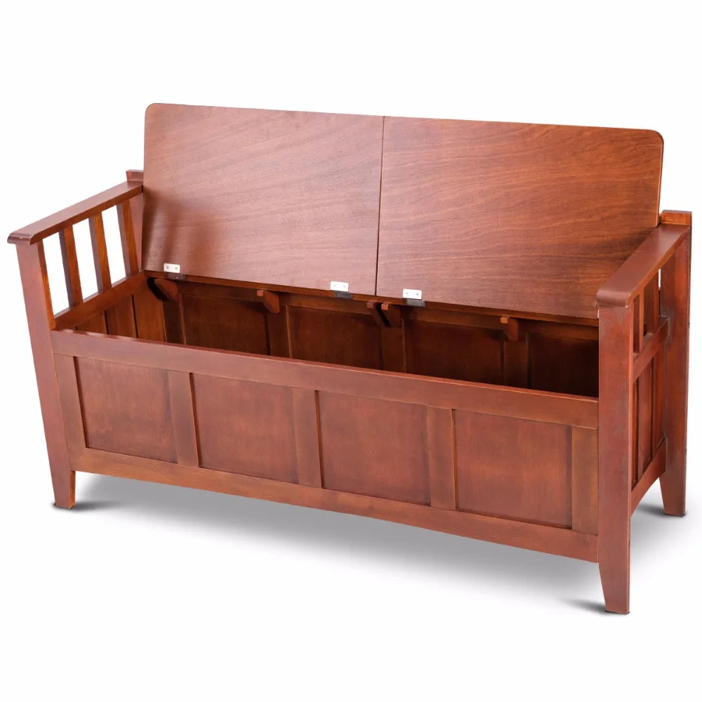 Giantex Brown 32 Gallon Solid Wood Entryway Storage Bench Home W/Short Split Seat Home Furniture HW58546