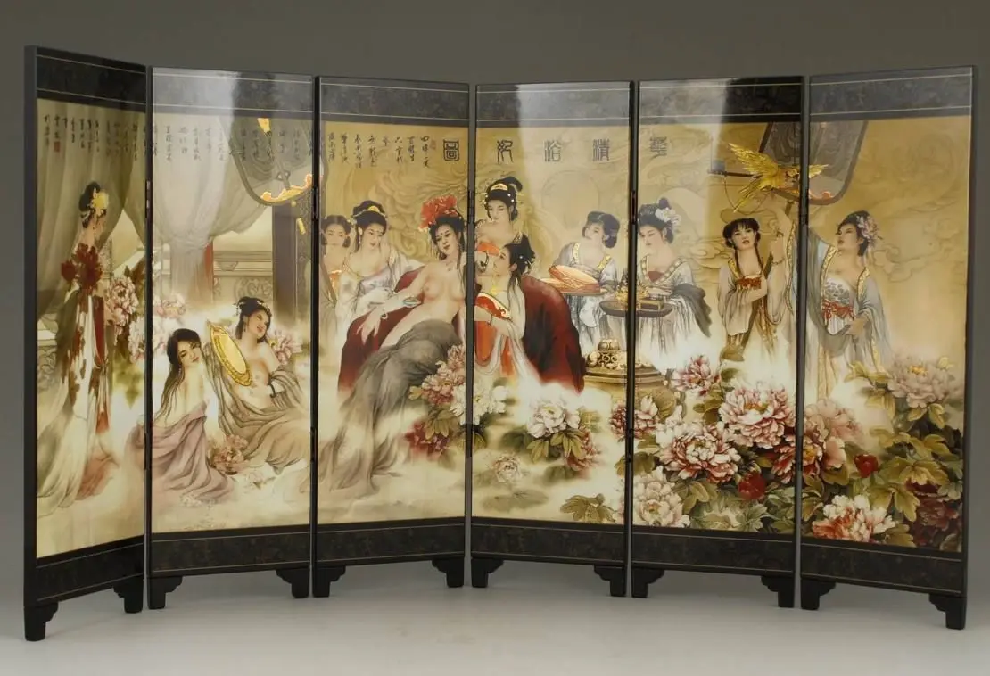 

CHINESE OLD LACQUER HANDWORK PAINTING BELLES TAKE A BATHE Scrolls DECORATION