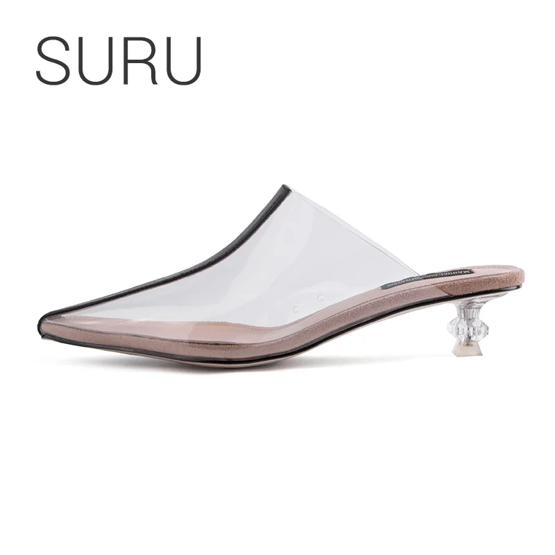 

SURU Transparent PVC Kitten Heels Mules Shoes For Women Small Square Toe slippers Shoes