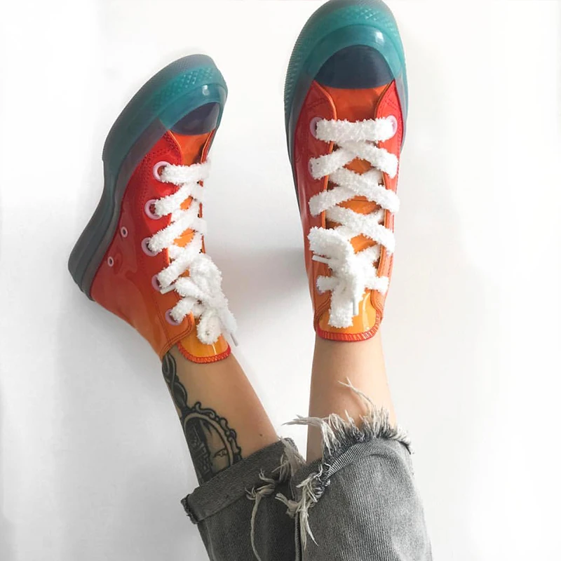 

Fashion Womens Leather Jelly High Top Flat Shoes casual Lace Up Candy Color Hip-hop Casual Crystal Sole C19