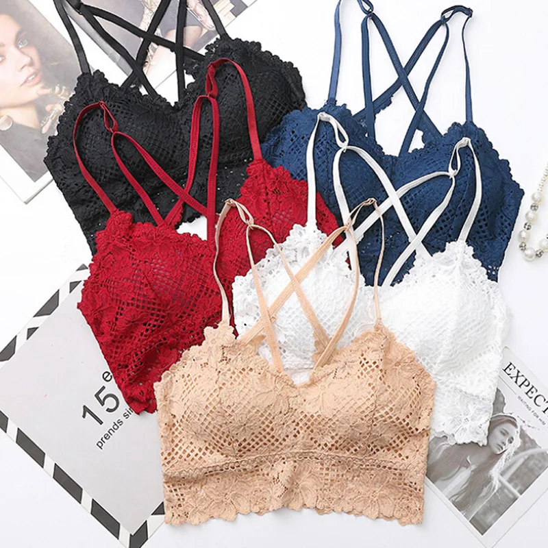 

SAFENH Fashion Padded Bralette Deep V Lace Bras For Women Wireless Bra Summer Crop Top Girls Backless Lingerie 5 Colors