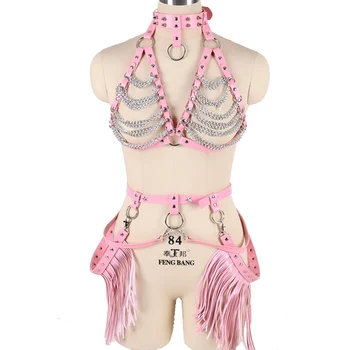 

Full Body Harness Bra Leather Garter Belt Tassel Waist Belt Harajuku Punk Halloween Rave Adjust Plus Size Pink Lingerie Chain