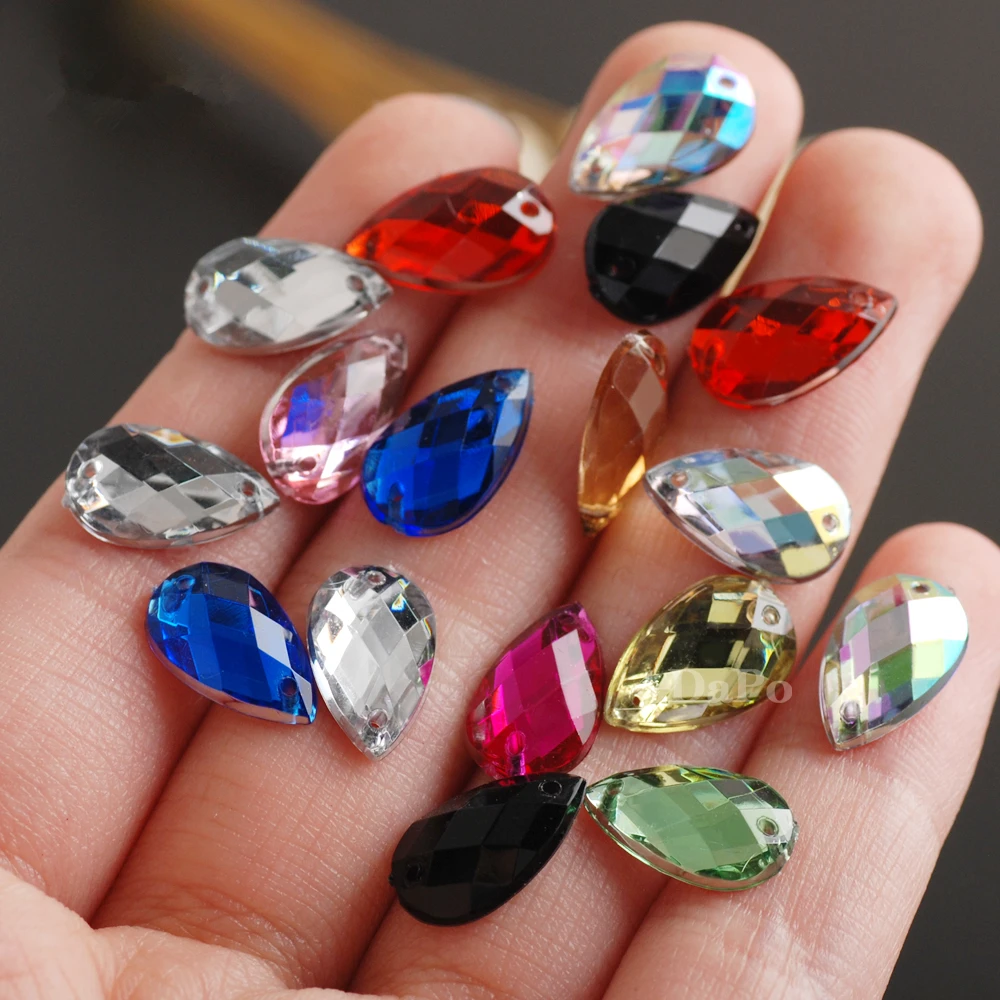 

8x13mm Mix 15Color Teardrop Sew on TAIWAN Acrylic Rhinestone Flatback Sew-on Beads 2 hole For Clothes Dress Bags 100pcs