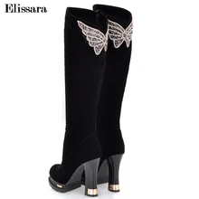Elissara/женские сапоги; модные сапоги до колена; женские пикантные ботфорты на толстой платформе со стразами и бабочкой; женская обувь на молнии
