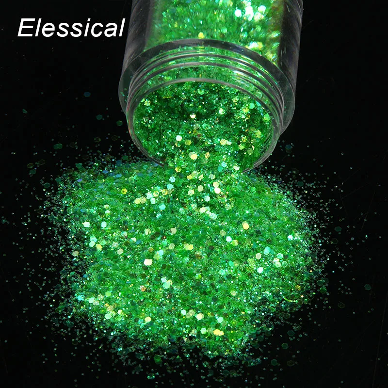 

ELESSICAL Holographic Nail Polish Green Hexagon Shape Nail Glitters Dust Powder Manicure Tools Nail Art Paillette Tips WY830