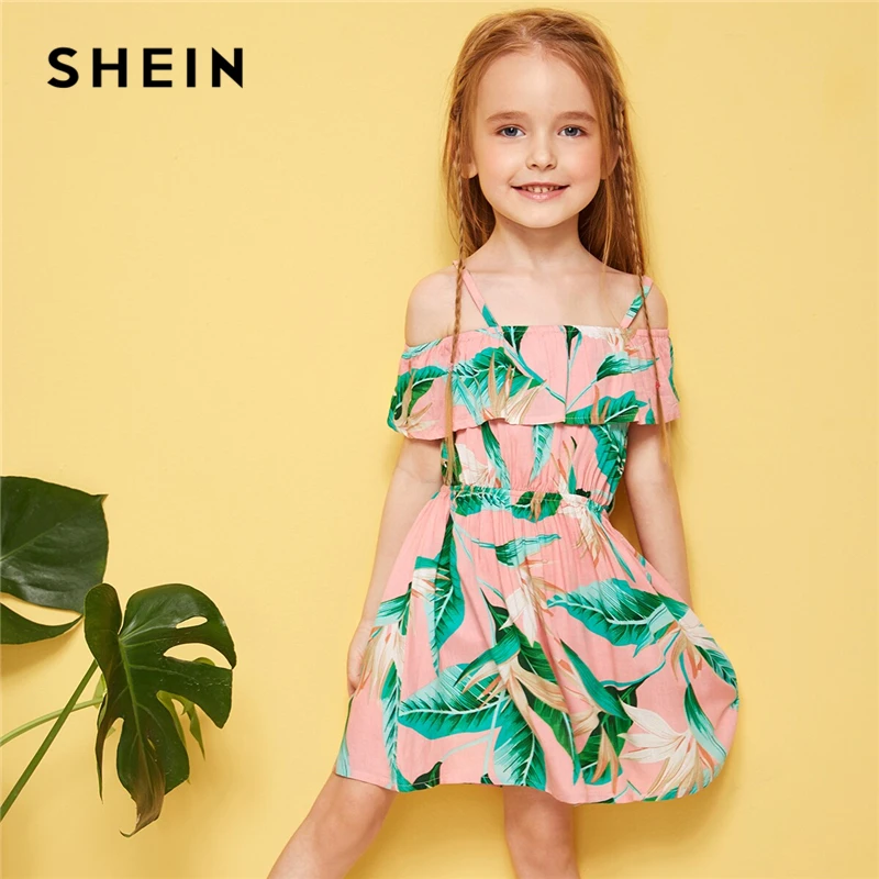 

SHEIN Kiddie Toddler Girls Tropic Print Cold Shoulder Flared Boho Dress 2019 Summer High Waist Vacation Ruffle Dresses For Kids