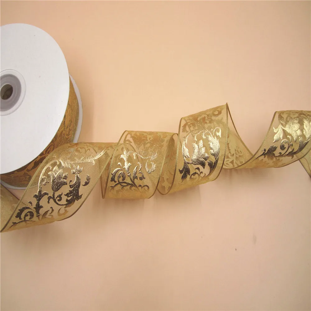 N1125 38mm X 25yards Gold Foil Printing ribbon Wired Organza Sheer