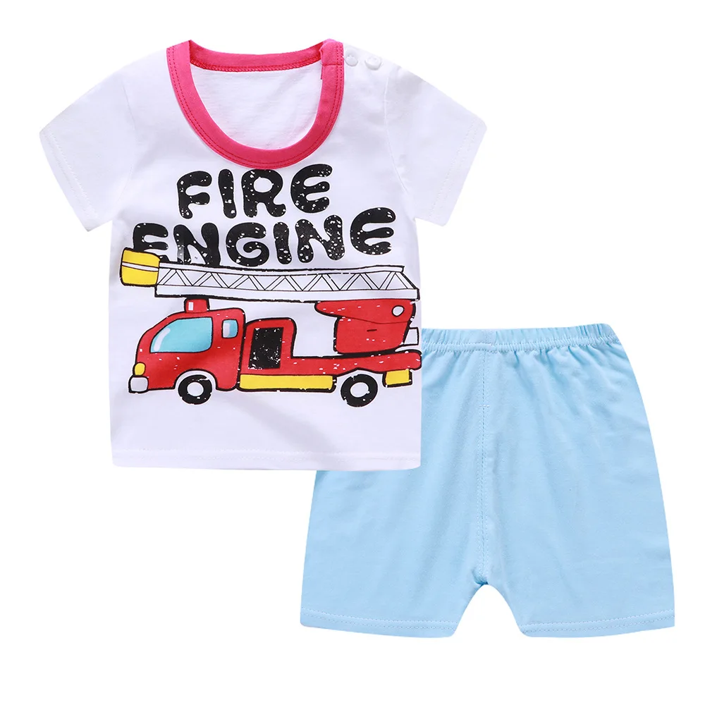 

100% Cotton New Baby Summer Casual Clothes Set Rad Car Baby Boy Girl Fashion Set