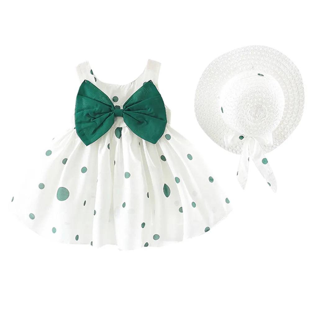 SAGACE/детские летние платья для маленьких девочек; короткое платье без рукавов с принтом в горошек и шляпой; милое разноцветное платье принцессы для маленьких девочек - Цвет: Зеленый