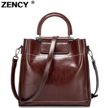 

ZENCY Vintage Genuine Oil Wax Cow Leather Women's Handbag Shoulder/Messenger Cowhide Shopping Handle Bags Satchel