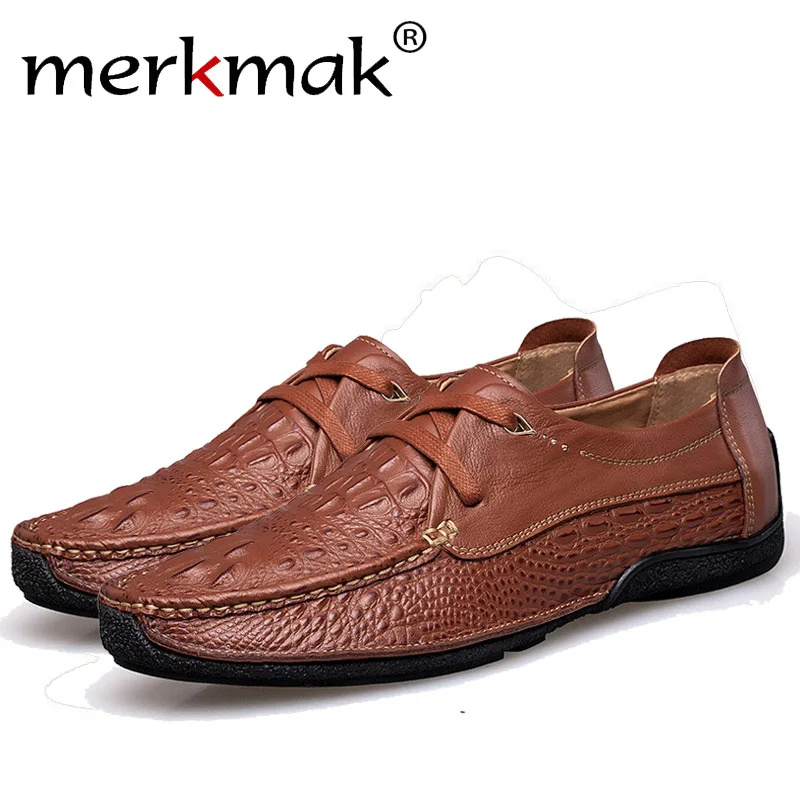 Merkmak/Для мужчин Лоферы модные из натуральной кожи Повседневное слипоны дышащие мужские ботинки на плоской подошве недавно Бизнес вождения