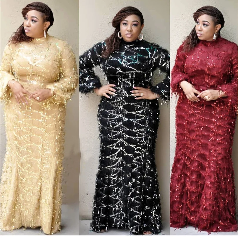 

African European Fur Tassel Sequined High Collar Long Sleeve Mini Dress Fishtail Dress