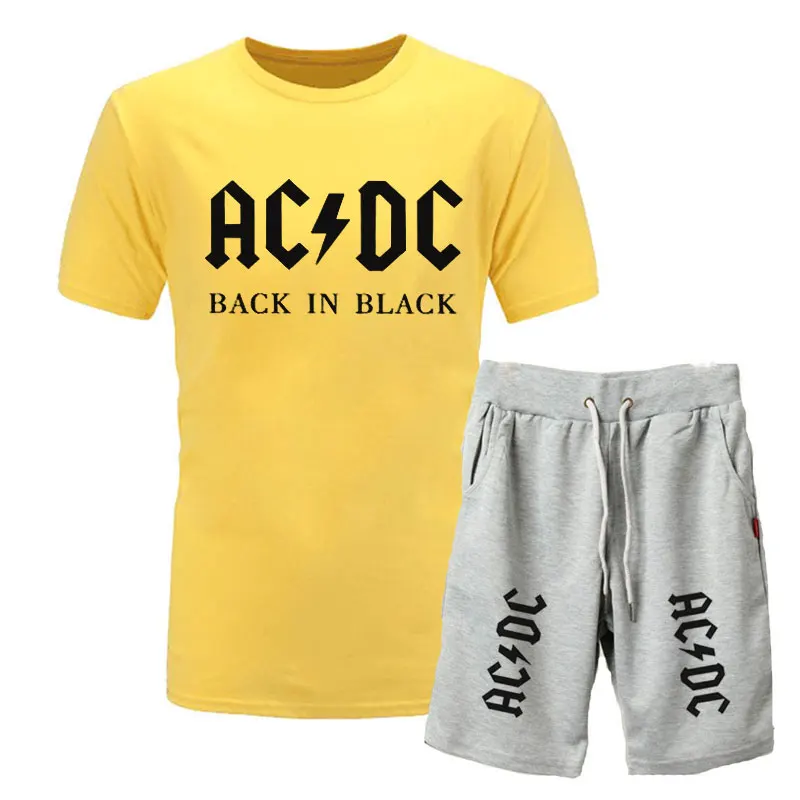 Новая брендовая одежда, AC/DC, Мужская футболка, Swag, футболка, хлопок, Мужская футболка и шорты, Homme, для фитнеса, Camisetas, хип-хоп, футболка, 2 предмета - Цвет: yellow light gray