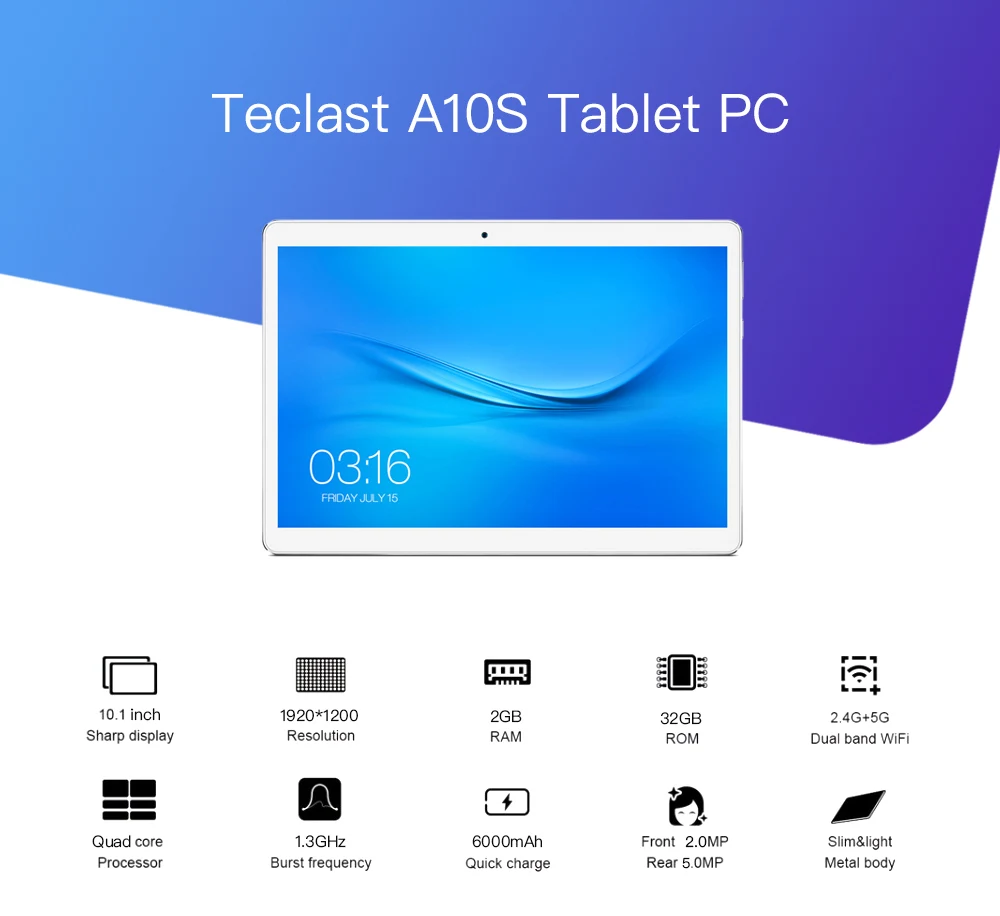 Teclast A10S планшетный ПК 10,1 ''ips Экран Android 7,0 2,4G/5G Dual Wi-Fi MT8163 4 ядра 1,3 GHz 2 GB + 32 GB Dual Cam Планшеты 6000 mAh