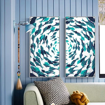 

Nordic Style Symmetrical patterns Fish In Sea Canvas Paintings Wall Art For Study Room Living Room Home Decor Poster And Print