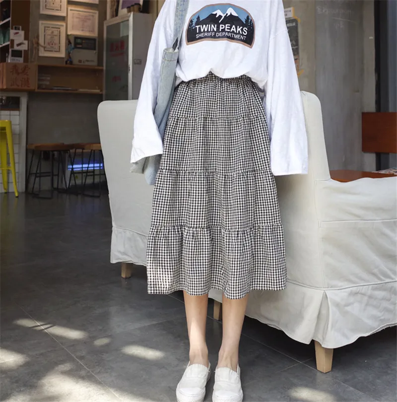 

2018 Spring Summer New Women Korean Fashion Plaid Print Skirts Elastic High Waist Skirt All Match Retro Preppy Style Midi Skirts
