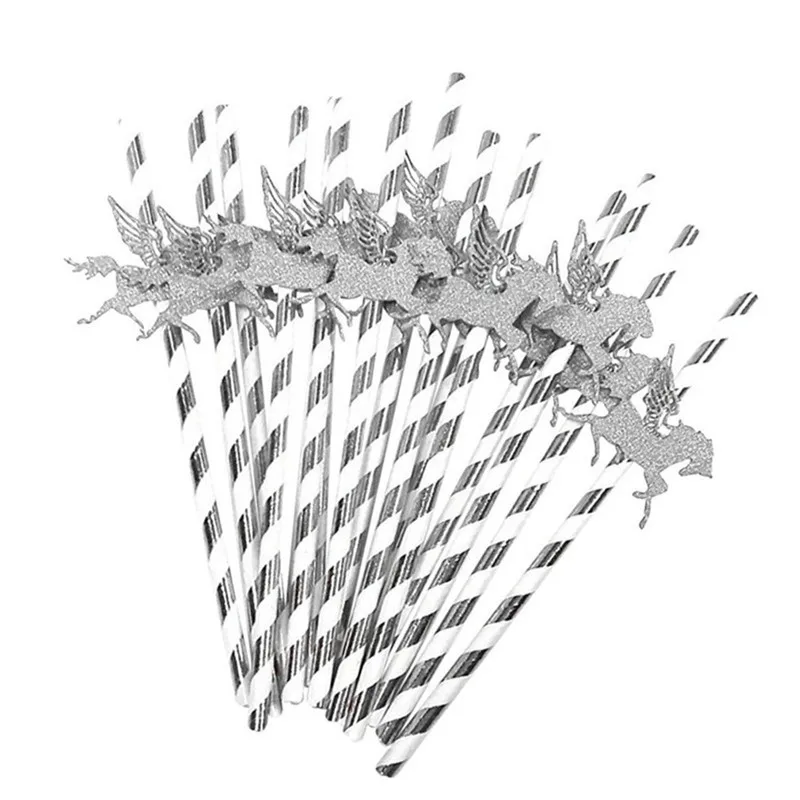 25 шт. золотые, серебряные бумажные соломинки с золотым блеском в виде единорога для детской вечеринки на день рождения, вечерние украшения в виде единорога для девочек - Цвет: silver