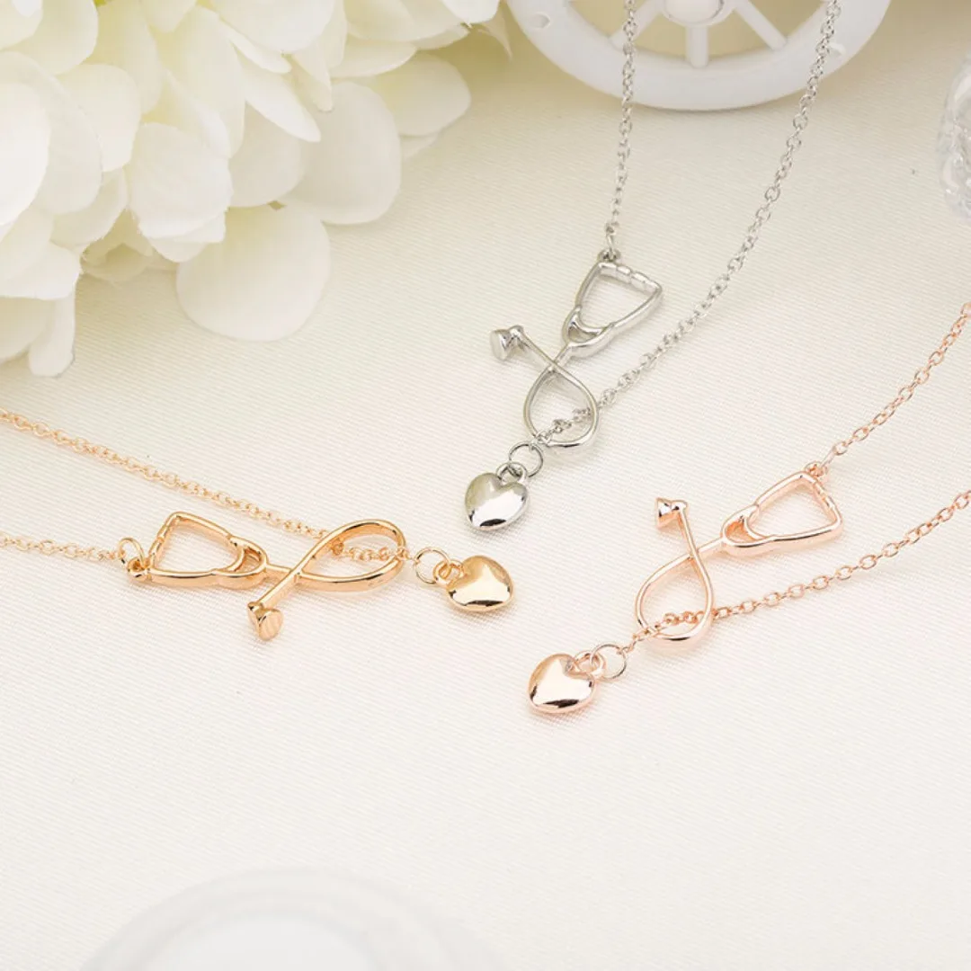 4 Colors Doctor Nurse Stethoscope Lariat Heart Pendant Chain Necklace Jewelry