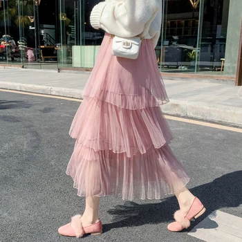 

3 Layers Princess Tulle Skirts Vintage Solid Color Mesh Women Skirt Pleated A-line Female Elegant Party Tutu Skirts