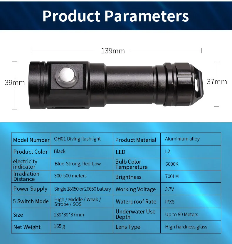 Дайвинг вспышка света светильник 80 м XM-L2 T6 Мини Вспышка светильник светодиодный фонарь для подводной съемки Водонепроницаемый фонарь светильник QH-01 светодиодный светильник