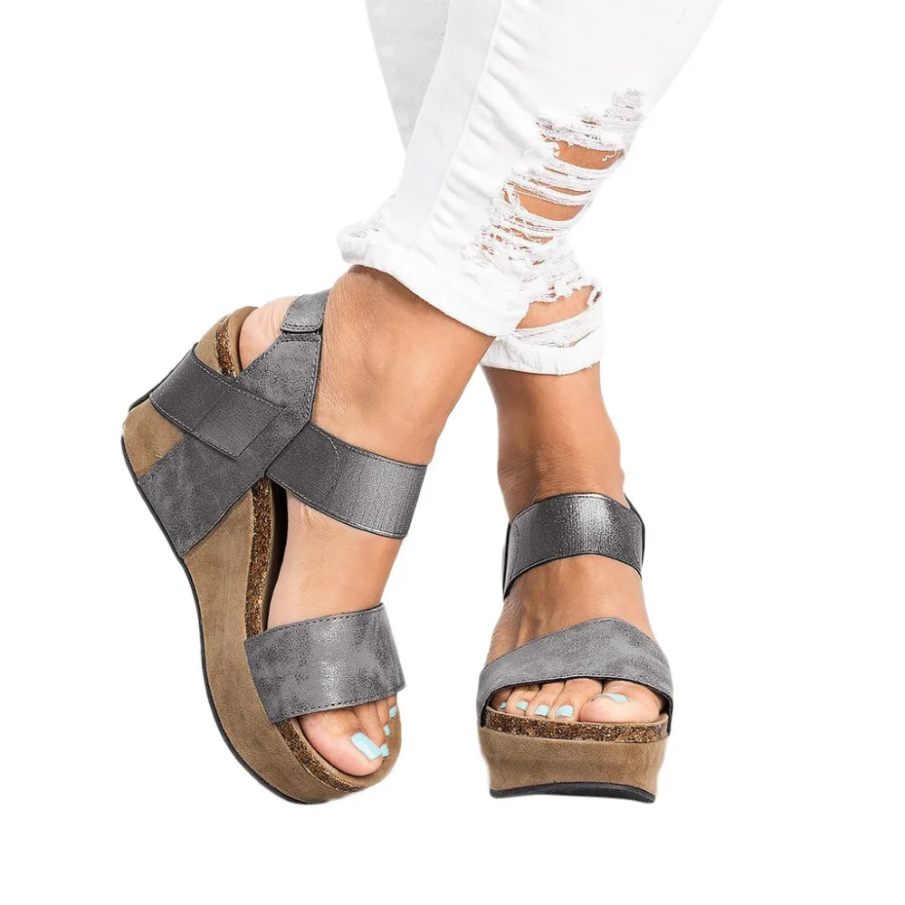 

Women Open Toe Breathable Summer 2019 Elastic band Simple Wedges Beach Sandals Rome Elastic Band Casual Wedges Solid Gray Shoes