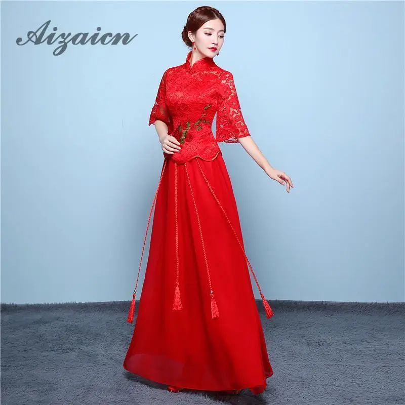 2019 Красное Кружевное невесты современный Qipao Традиционный китайский платья китайское свадебное платье Для женщин Винтаж вышивка Ципао