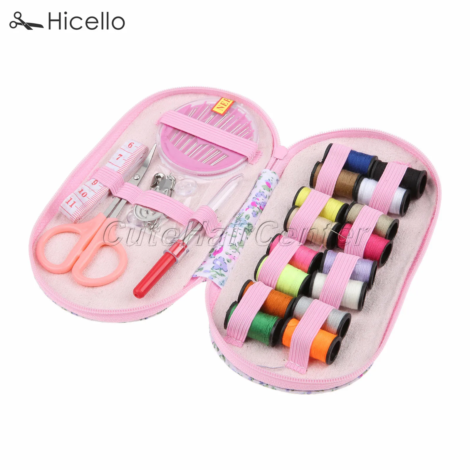 

Mini Sewing kit case Portable Travel with threads Stitches Needles Buttons Craft Scissor pins ruler pink cute Sewing box Hicello