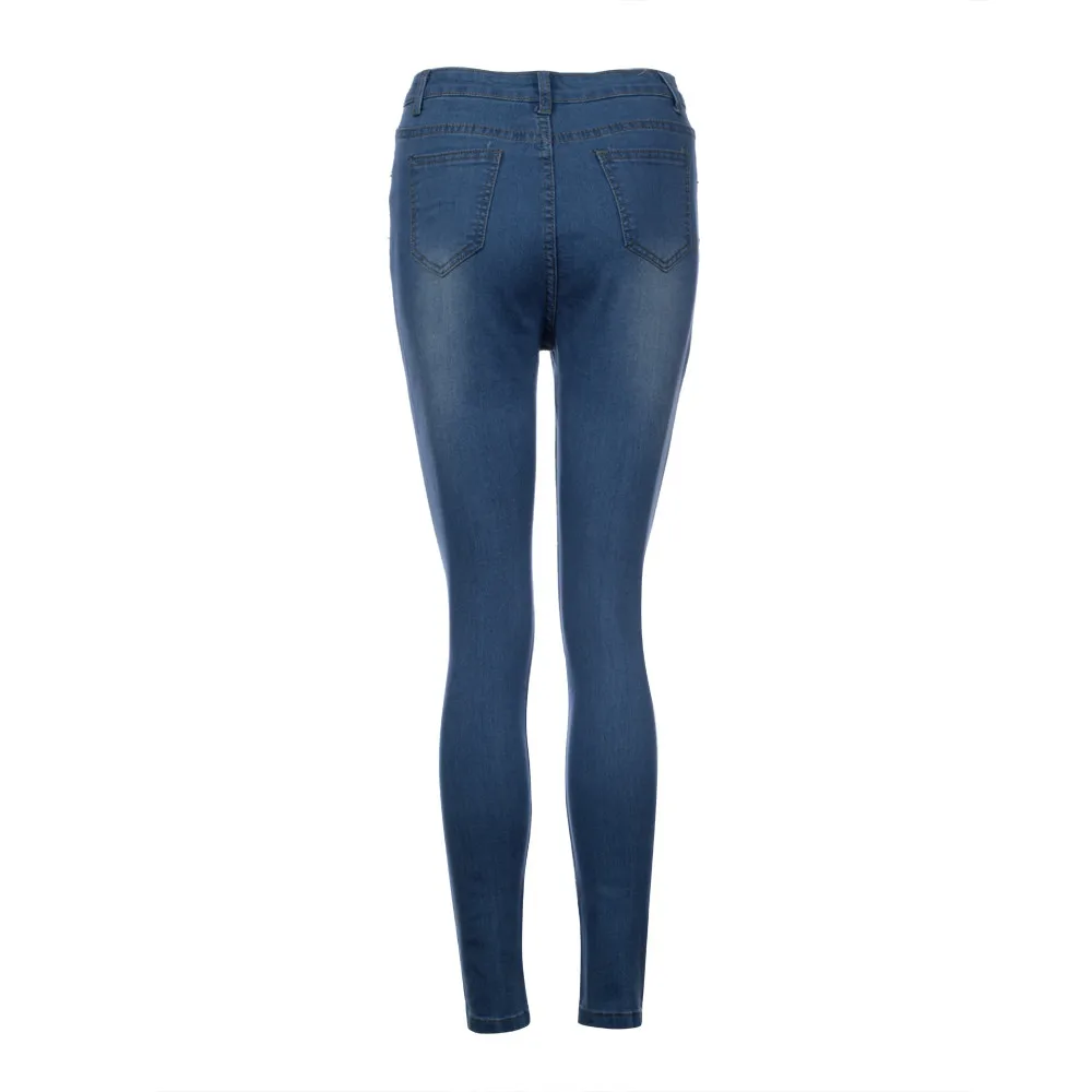 Bleach Wash растрепанные рваные облегающие джинсы Для женщин синий Высокая Талия зауженные длинные брюки эластичные джинсы
