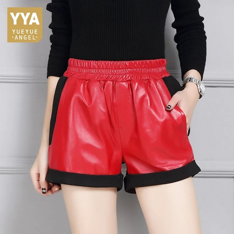 Chic Patchwork Wijde Pijpen Korte Broek Vrouwen Elastische Taille Pocket Dames Mini Shorts Streetwear Winter Casual Zwart Lederen Shorts Chic Patchwork Wijde Pijpen Korte Broek Vrouwen Elastische Taille Pocket Dames Mini Shorts Streetwear Winter Casual Zwart Lederen Shorts