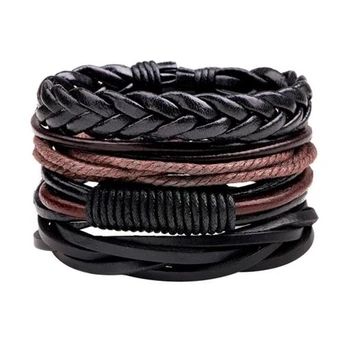 

Punk Bracelets for Women Men Black Brown Wristband Cuff Leather Bracelet Ethnic Vintage Jewelry Bijouterie Charms 4pcs Bracelets