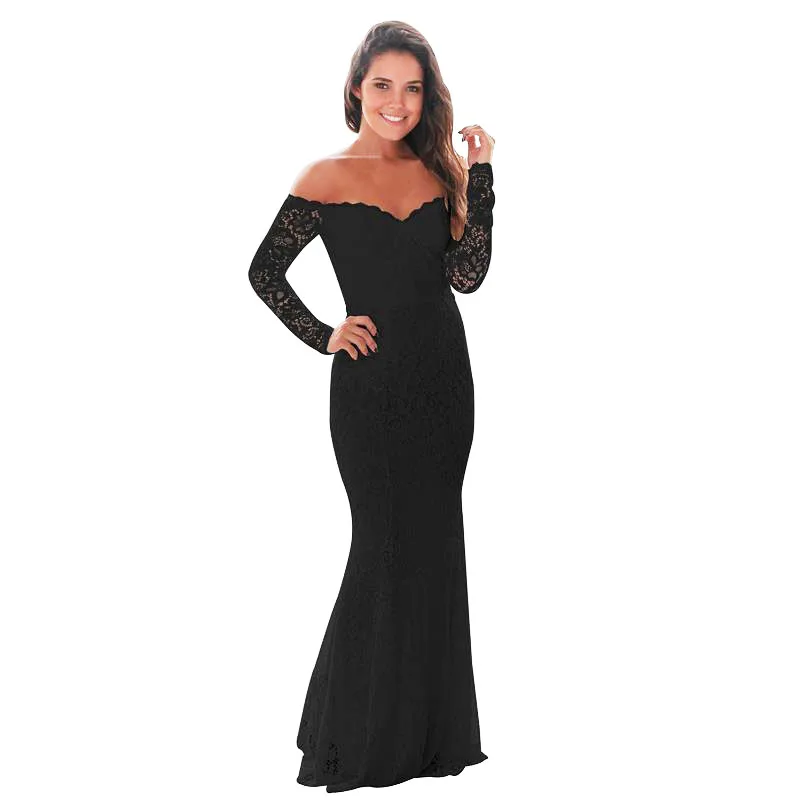 ADEWEL Sexy Off Shoulder Long Sleeve Floor-length Lace Dress Bodycon Women Mermaid Formal Party Dress Elegant Vintage Maxi Dress (2)