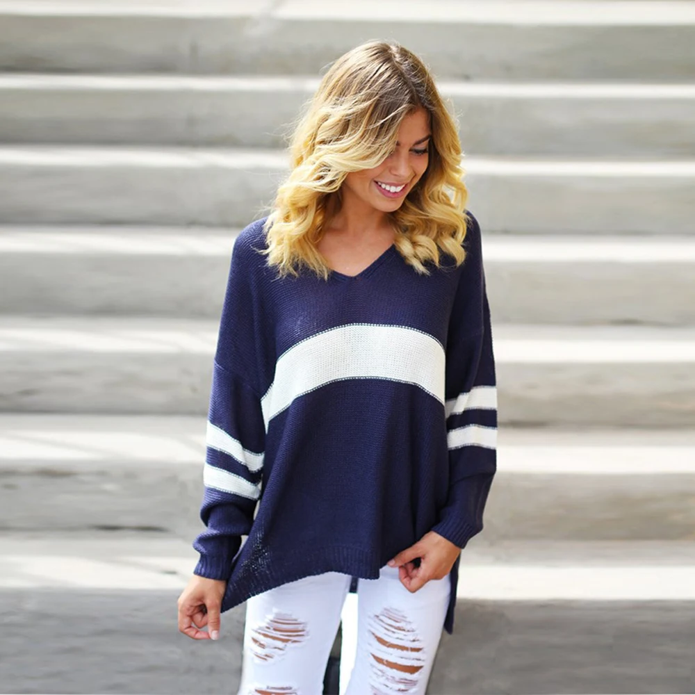 HYH HAOYIHUI Color Block Basic Women Sweater V-neck Long Sleeve Basic Pullover Elegant Street Style Ladies Autumn Jumper