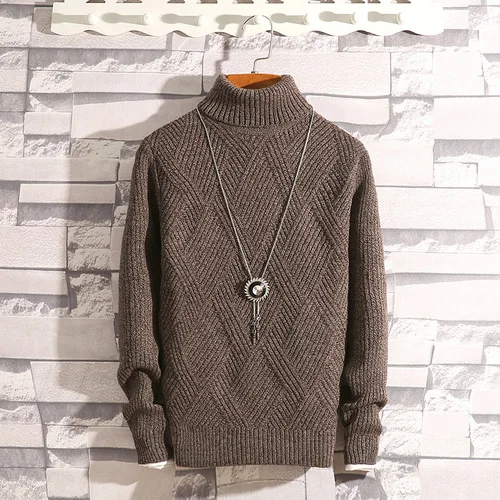Dark Brown Зимний мужской свитер в британском стиле с высоким воротником, мужской хлопковый свитер, молодежная одноцветная рубашка с высоким воротником - Color: Dark Brown