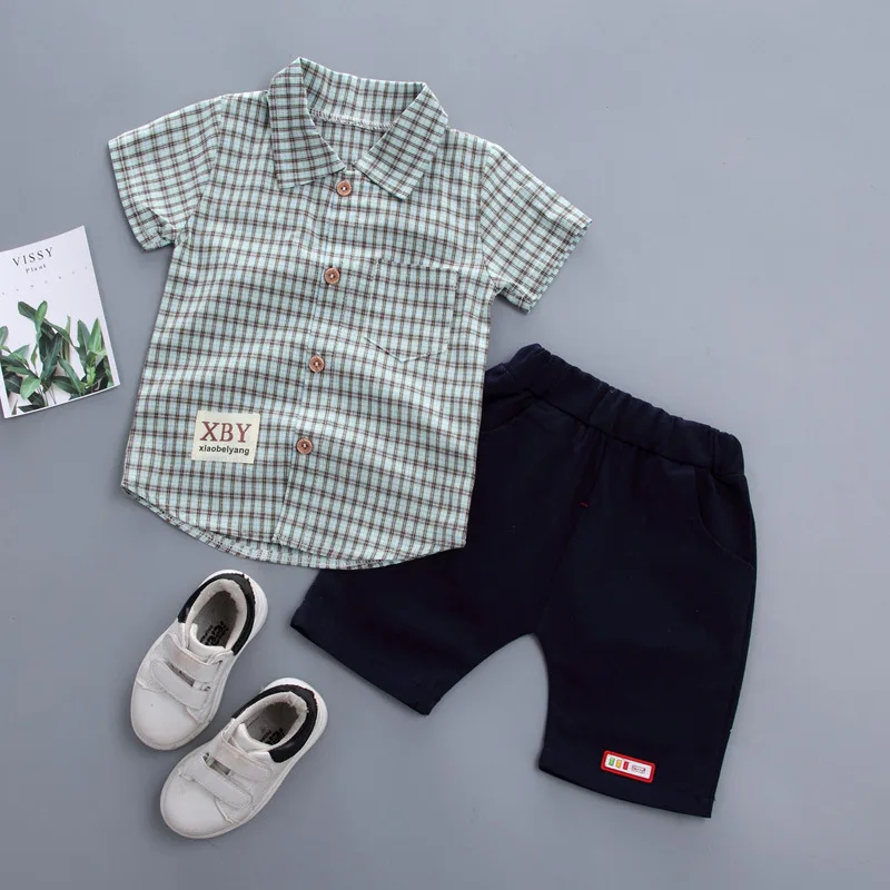 

2019 summer new children sports Set baby boy clothes plaid lapel shirt + shorts 2 piece Sets clothing