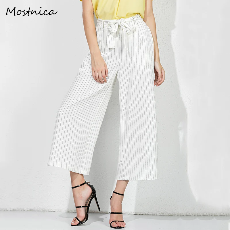 

Mostnica Summer Elegant OL Vertical Striped Woman Loose Pant High Wait Formal White Wide Leg Work Lady Trousers with Belt