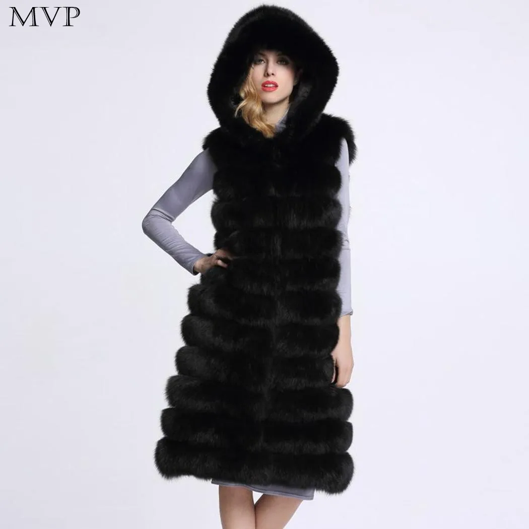 Faux Fur Coat Women Winter 2017 Hooded Fur Coat Warm Thick Faux Fur Vest Waistcoat Front Open Sleeveless Striped Long Coats