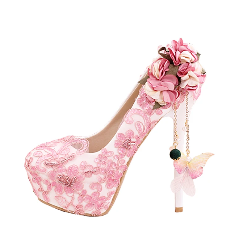 

2019 Fashion Crystal Pink Lace Flower Pumps Wedding Shoes Women Thin Heels Ladies Shoes Platform Round Head Shallow Bridal Shoes