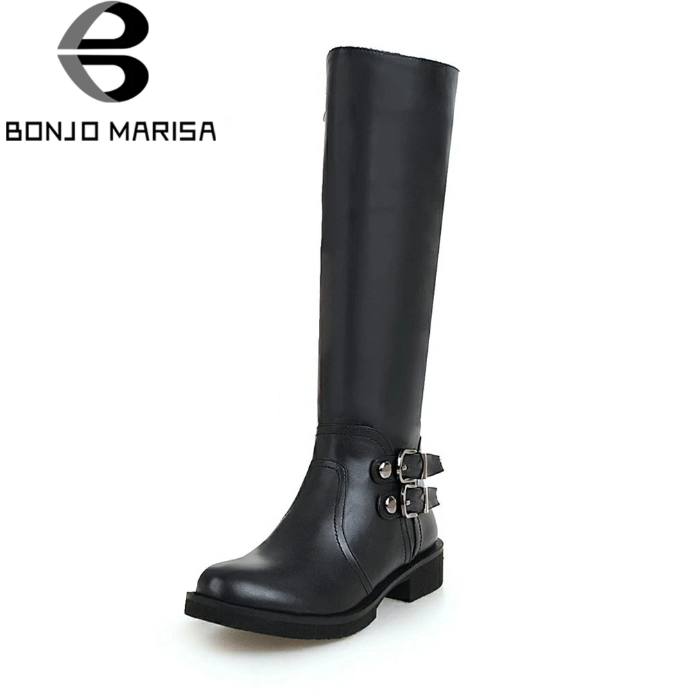 Goedkoop BONJOMARISA 2019 Herfst Plus Size 33 46 Voeg Bont Elegante Zwarte mid claf Rijlaarzen Vrouwen Lage Hakken platform Schoenen Vrouw