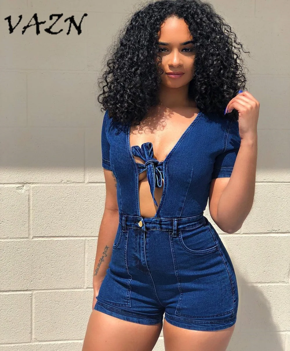 

VAZN Hot Fashionable Popular 2018 Sexy Style Women Denim Playsuit V-Neck Short Sleeve Bow Bodycon Romper D8139