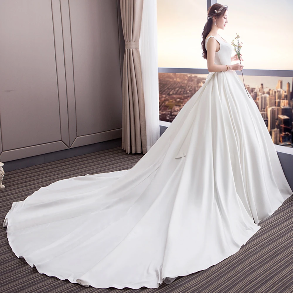 

Robe de Mariee White Satin Simple Ball Gown Wedding Dresses Plus Size Bow Waist Gelinlik Tank Sleeve Vestidos de Noiva