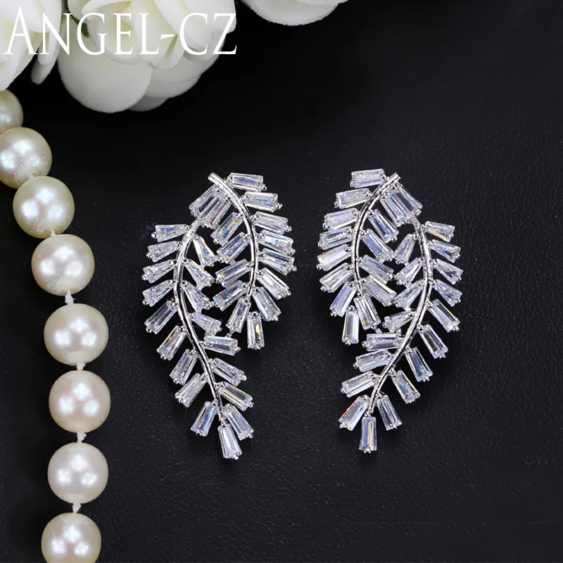 

ANGELCZ Delicate Women Party Jewelry Fashion Leaf Design Micro Inlay CZ Crystal Big Stud Earrings With 925 Silver Ear Pins AE109