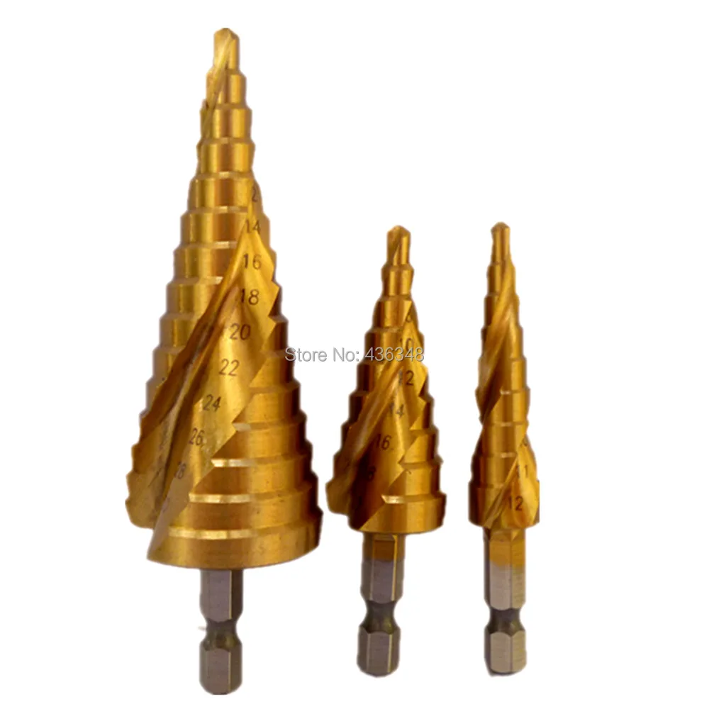 

3pcs Hex Hss High Speed Steel Titanium Coated Spiral Grooved Step Drill Bits Set 4-12mm 4-20mm 4-32mm