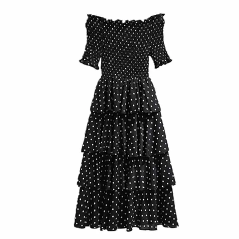 

Large size summer Korean version of the wave point cake dress word shoulder round neck two wear chiffon women's dress W312