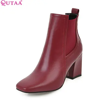 

QUTAA 2020 Women Ankle Boots Fashion Zipper Deisgn Pu Leather Square High Heel Square Toe Ladies Motorcyclr Boots Size 34-43