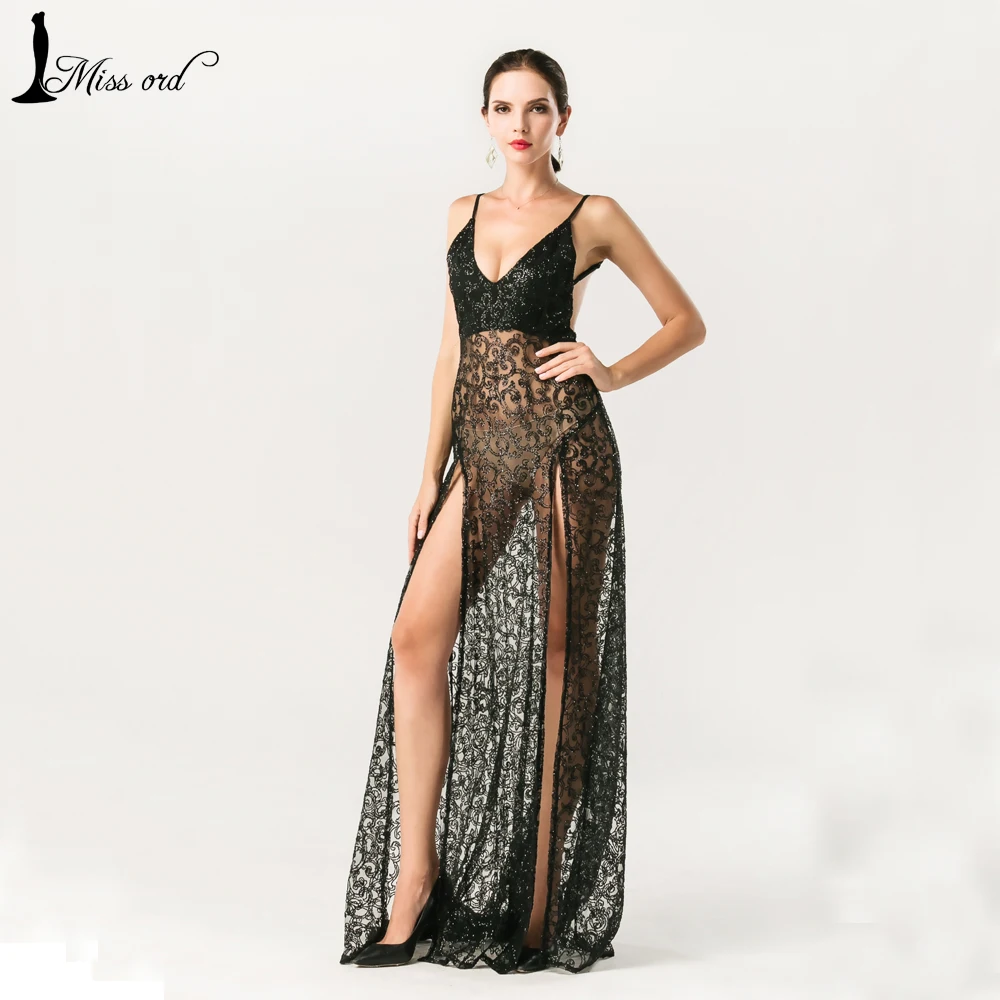  Free Shipping  Missord 2016 Sexy halter  V-neck split party dress sequin maxi dress FT5131 