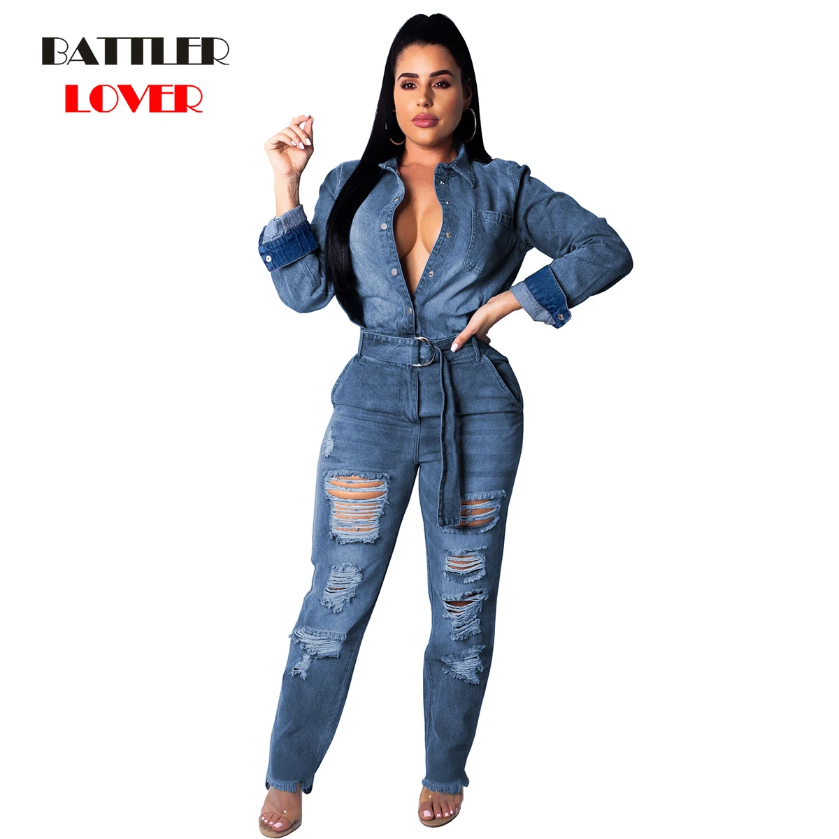 

2019 New Women's Jeans Spring Jumpsuits Belt Damage Rompers Long Trousers Denim Lady Button Long Sleeve Jumpsuit Casual Pants