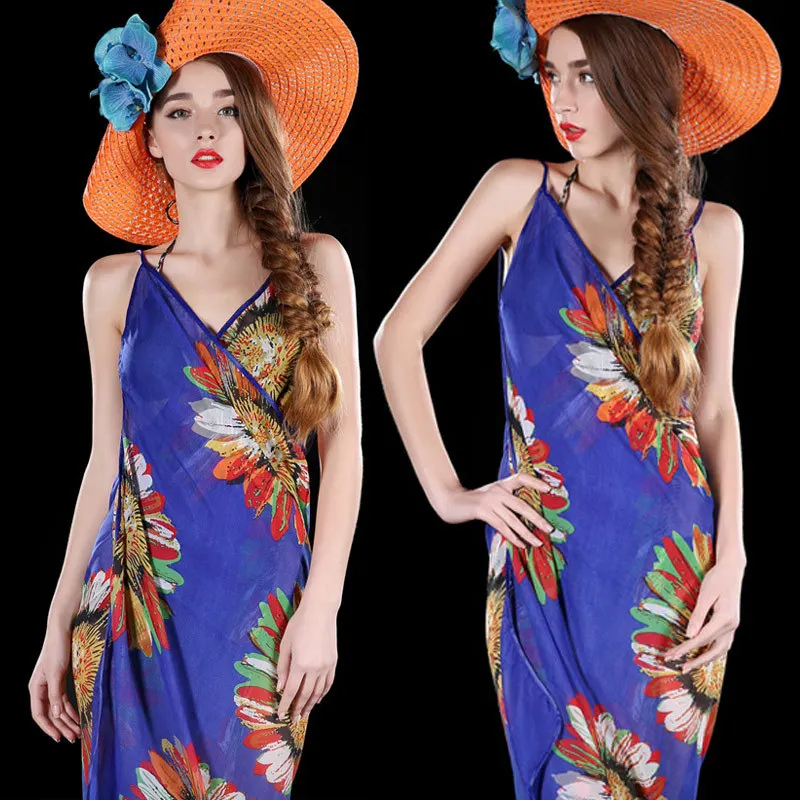 NIDALEE New Beach Caftan Swimsuit Cover Up Print Chiffon Pareo Women Robe Plage Swimwear Dress