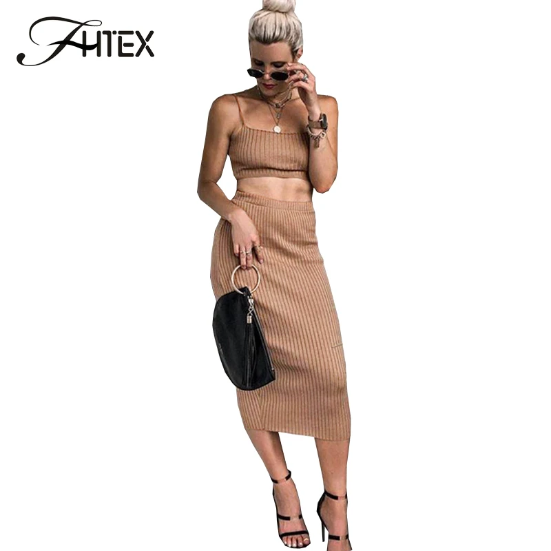

FHTEX Women Sexy Knit Tank Camis and High Waist Bodycon Skirt Suit Fashion Autumn Skirts 2 Piece Set Slim Casual Pencil Skirts